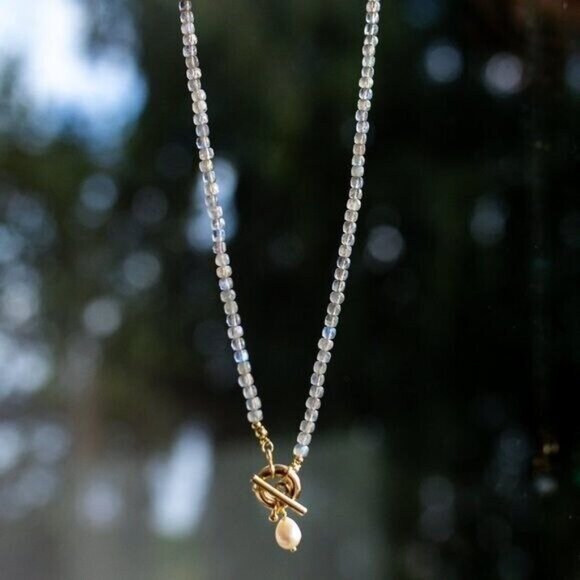 Labradorite Beaded Necklace w/ Gold Toggle Clasp + Removable Pearl BEAUTIFUL - Picture 8 of 15
